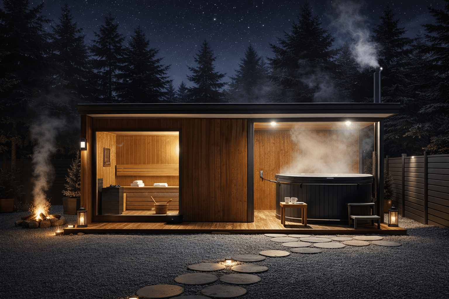 Fast Sauna exterior at night